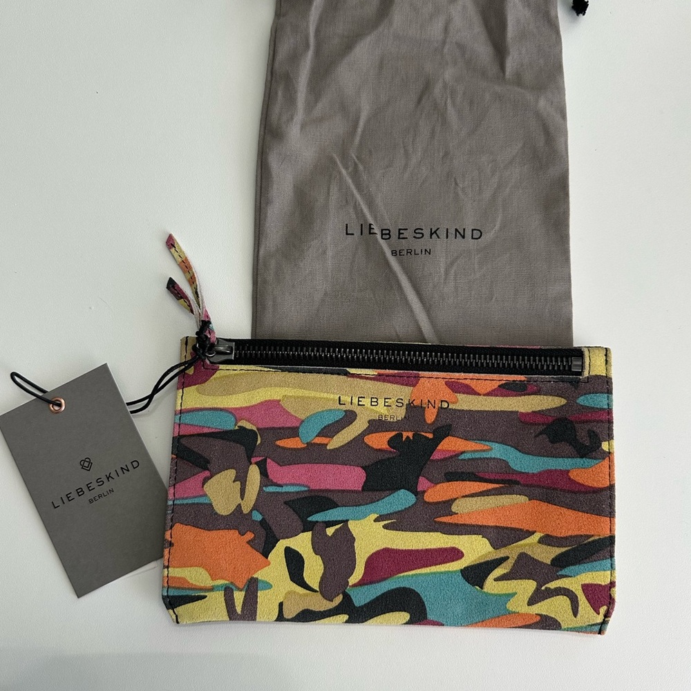 Liebeskind Berlin Multicolor Leather Suede Camouflage Zip Pouch Makeup Bag